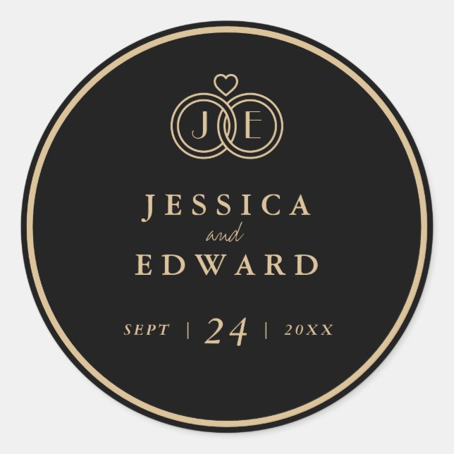 Luxury Black Gold Tied Rings Monogram Wedding Classic Round Sticker (Front)