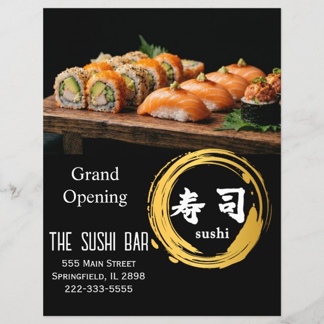 Luxury Black Gold Two-Sided Sushi Bar Menu Flyer (Front)