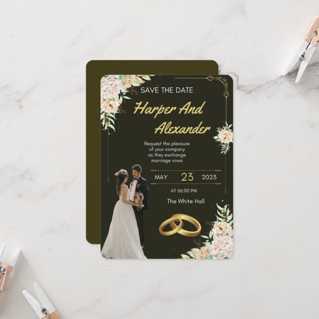 Luxury Black & Gold Wedding Invitation (Front/Back In Situ)