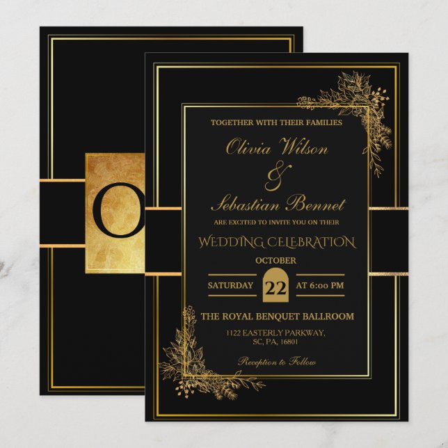 LUXURY BLACK & GOLD WEDDING  INVITATION (Front/Back)