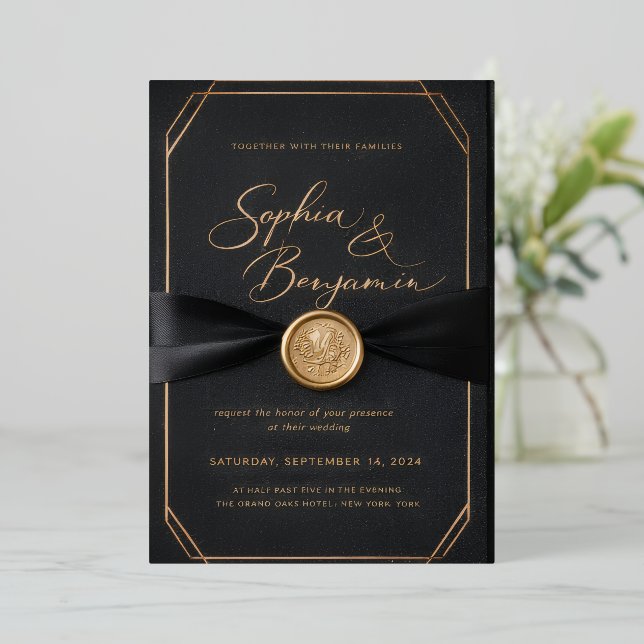 Luxury Black & Gold Wedding Invitation Card (Standing Front)