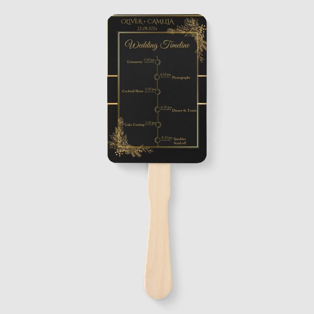 Luxury Black & Gold  Wedding Program and Timeline Hand Fan (Front)