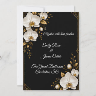 Luxury Black Gold & White Orchid Wedding Invitatio Invitation