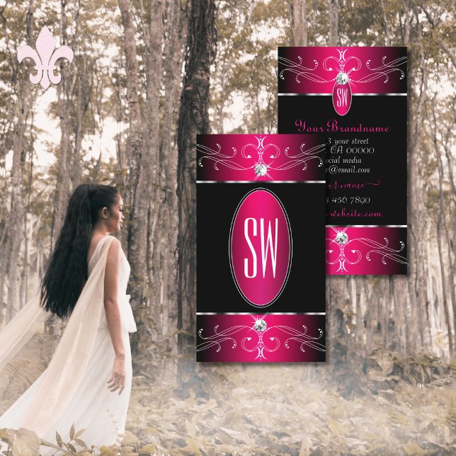 Luxury Black Hot Pink Ornate Ornaments Monogram Business Card (Creator Uploaded)