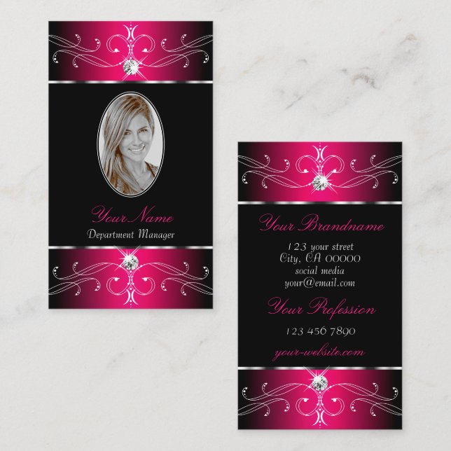 Luxury Black Hot Pink Ornate Ornaments with Photo Business Card (Front/Back)