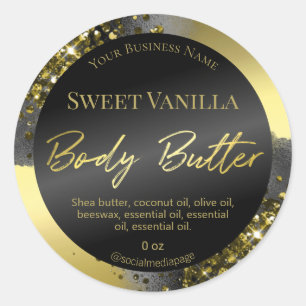 Luxury Black Ink Gold Glitter Body Butter Labels