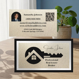 Luxury Black Key Champagne Glitter QR Code Realtor Business Card