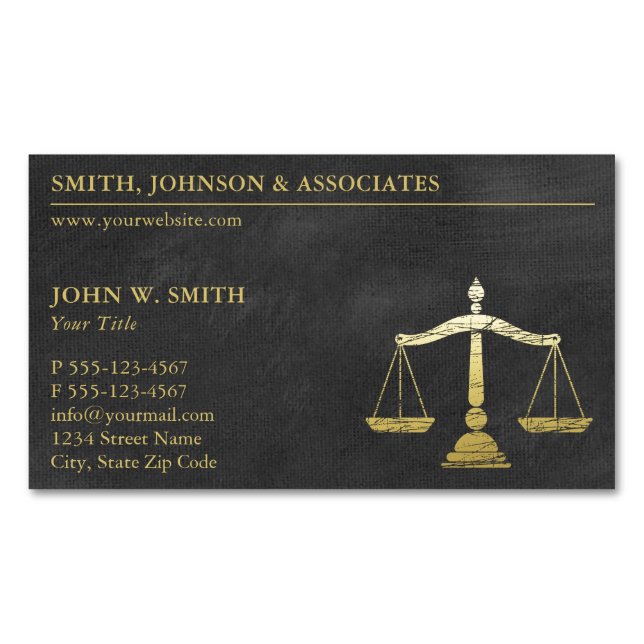Luxury Black Lawyer Scales of Justice Gold Look Magnetic Business Card (Front)