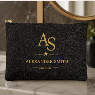 Luxury Black Leather Gold Monogram Business Brand Accessory Pouch
