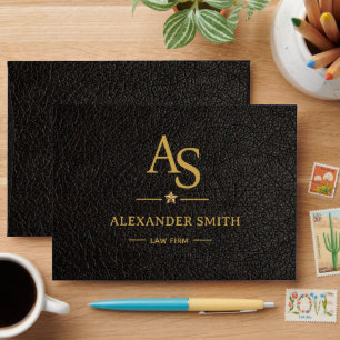 Luxury Black Leather Gold Monogram Business Brand Envelope