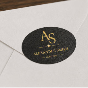 Luxury Black Leather Gold Monogram Business Brand Oval Sticker