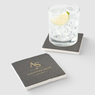 Luxury Black Leather Gold Monogram Business Brand Stone Coaster