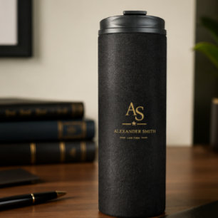 Luxury Black Leather Gold Monogram Business Brand Thermal Tumbler