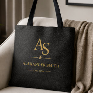 Luxury Black Leather Gold Monogram Business Brand Tote Bag