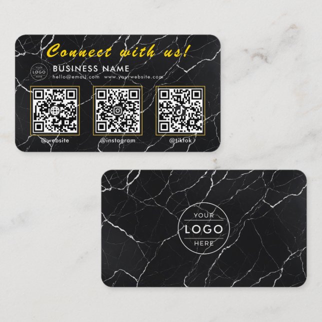 Luxury Black Marble 3 QR Code Multi Social Business Card (Front/Back)