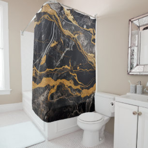 Luxury Black Marble Gold Kintsugi Veins Agate Shower Curtain