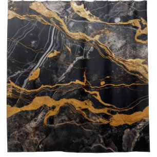 Luxury Black Marble Gold Kintsugi Veins Agate Shower Curtain