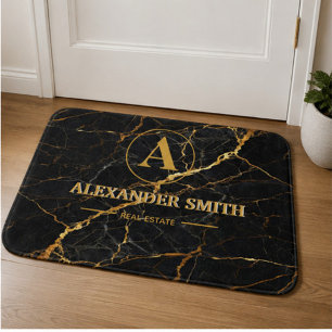 Luxury Black Marble Gold Monogram Business Brand Bath Mat