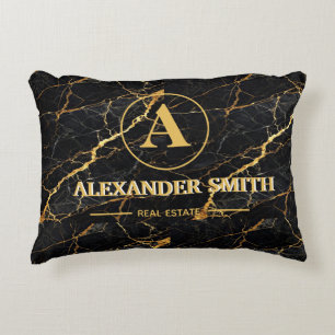 Luxury Black Marble Gold Monogram Business Brand Decorative Cushion