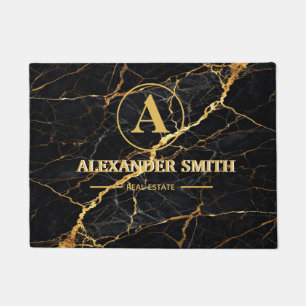 Luxury Black Marble Gold Monogram Business Brand Doormat