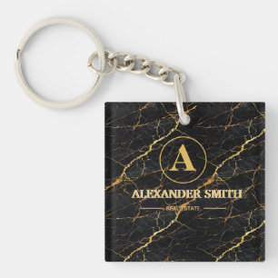 Luxury Black Marble Gold Monogram Business Brand Key Ring