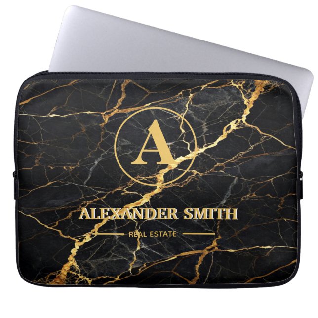 Luxury Black Marble Gold Monogram Business Brand Laptop Sleeve (Front)