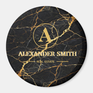 Luxury Black Marble Gold Monogram Business Brand Magnet