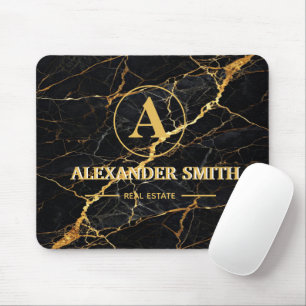 Luxury Black Marble Gold Monogram Business Brand Mouse Mat