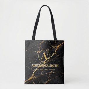 Luxury Black Marble Gold Monogram Business Brand Tote Bag