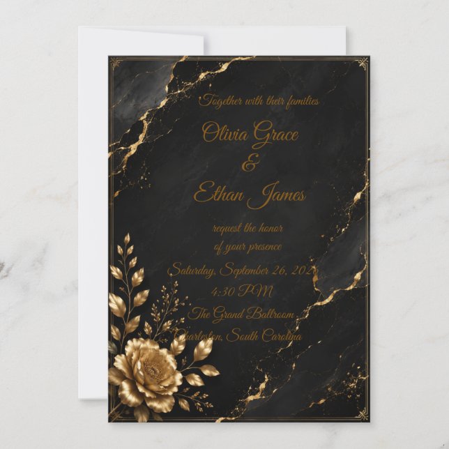 Luxury Black Marble & Gold Wedding Invitation (Front)