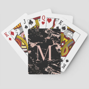 Luxury Black Marble Rose Gold Foil Monogram Playing Cards