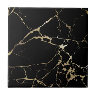 Luxury Black Marble with Heavy Golden Kintsugi Cra Tile