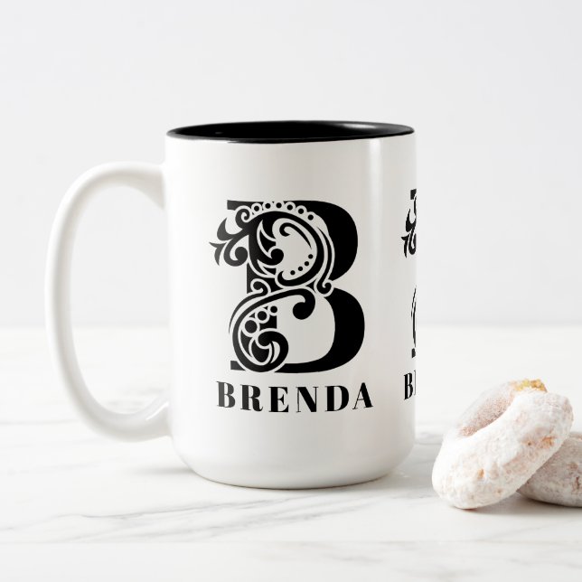 Luxury Black Monogram Letter B Custom Name Two-Tone Coffee Mug (With Donut)