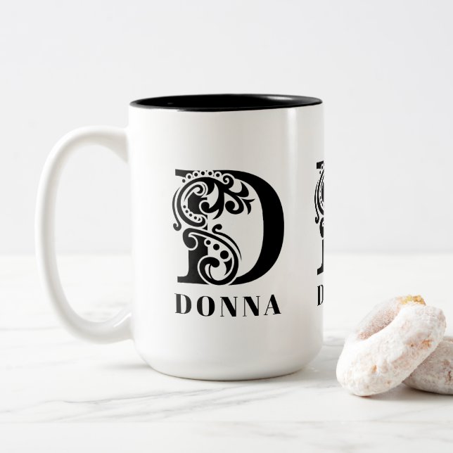 Luxury Black Monogram Letter D Custom Name Two-Tone Coffee Mug (With Donut)