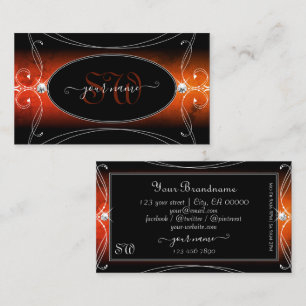 Luxury Black Orange Ornate Sparkle Jewels Monogram Business Card