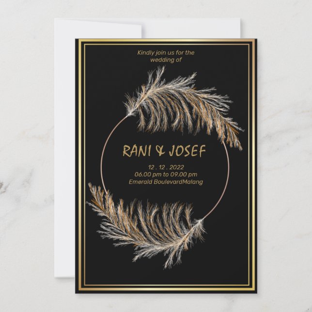 Luxury BLACK-Pampas Grass Boho Wedding Invitation  (Front)