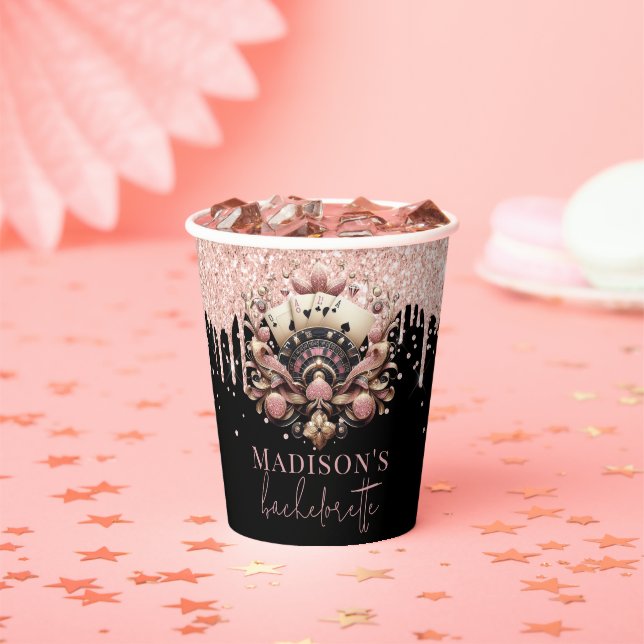 Luxury Black Pink Casino Bachelorette Personalised Paper Cups (Insitu)