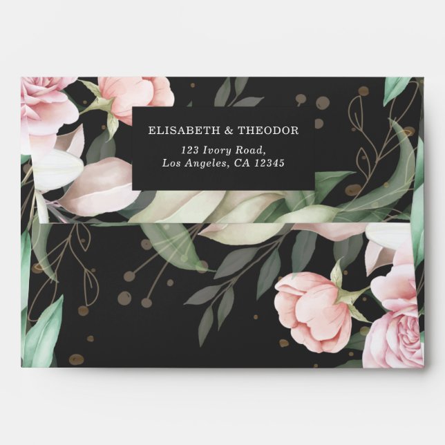 Luxury Black Pink Floral Wedding Envelope (Back (Top Flap))