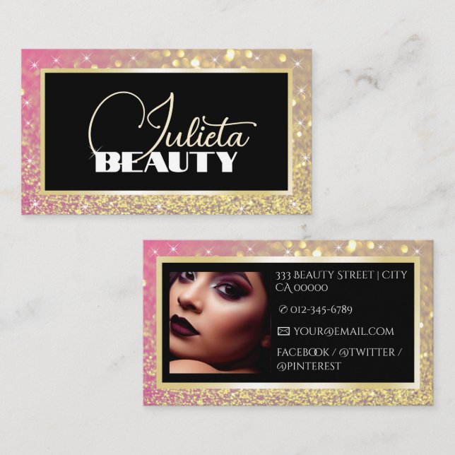 Luxury Black Pink Golden Sparkle Glitter and Photo Business Card (Front/Back)