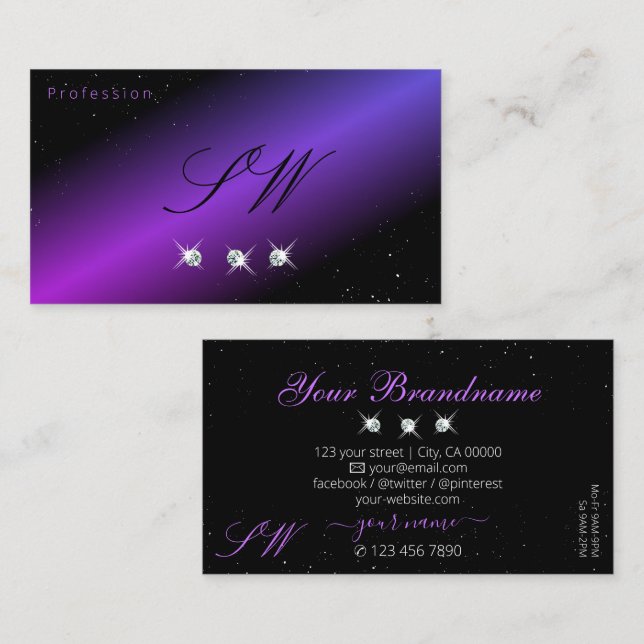 Luxury Black Pink Purple Glitter Stars Initials Business Card (Front/Back)