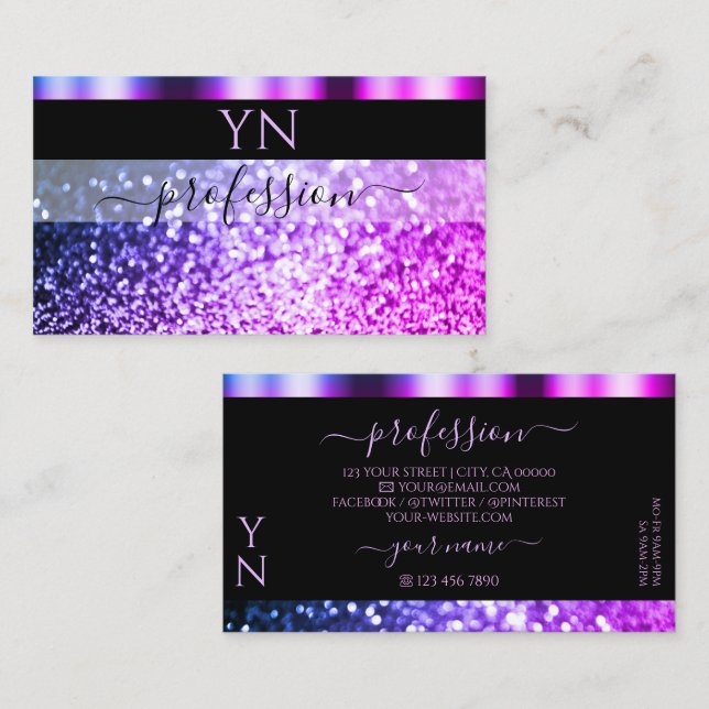Luxury Black Pink Purple Sparkle Glitter Monogram Business Card (Front/Back)
