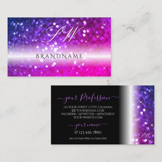 Luxury Black Pink Purple Sparkle Glitter Monogram Business Card (Front/Back)