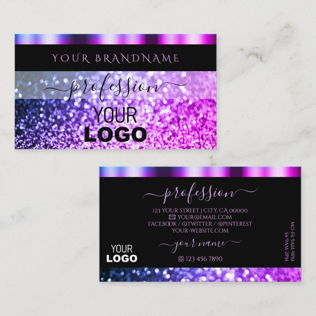 Luxury Black Pink Purple Sparkle Glitter with Logo Business Card (Front/Back)