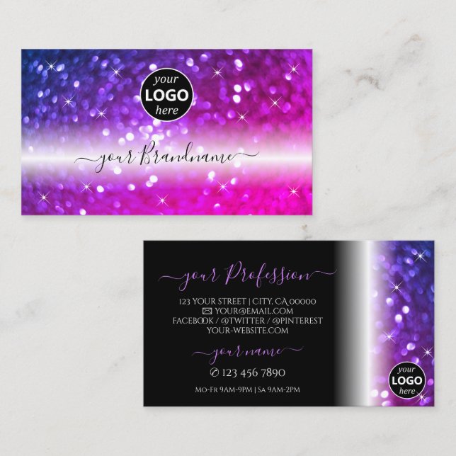 Luxury Black Pink Purple Sparkle Glitter with Logo Business Card (Front/Back)