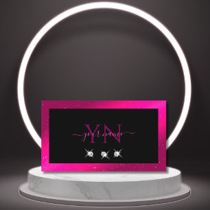 Luxury Black Pink Sparkle Diamonds Monogram Modern Business Card