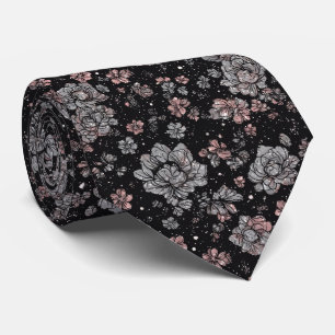 Luxury Black Pink Vintage Metallic Silver Florals Tie