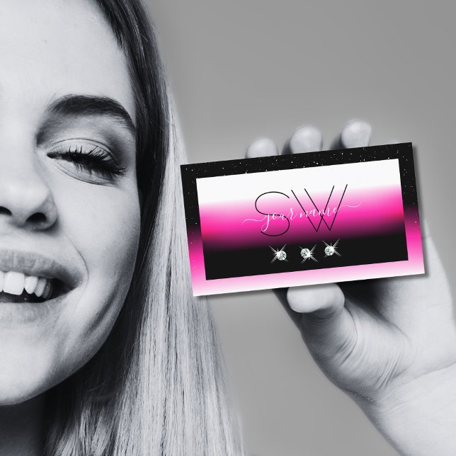 Luxury Black Pink White Gradient Initials Diamonds Business Card (Creator Uploaded)