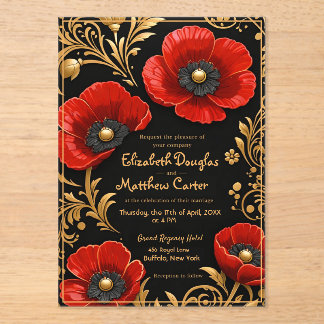 Luxury Black Red and Gold Floral Wedding  Acrylic Invitations