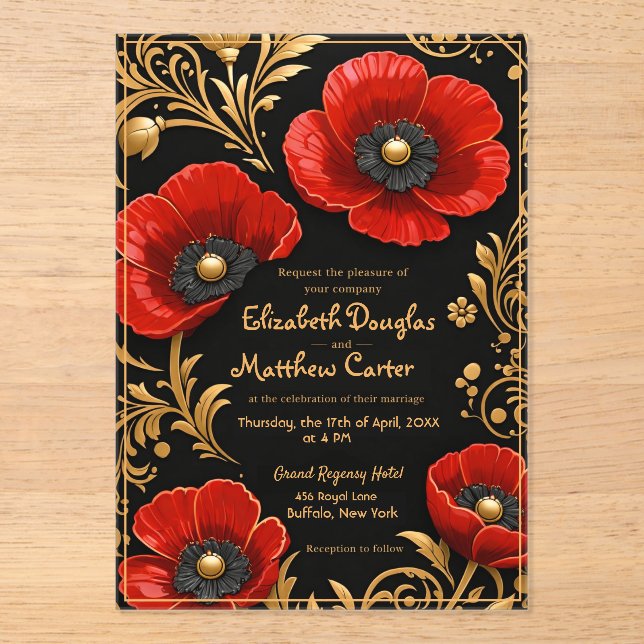Luxury Black Red and Gold Floral Wedding  Acrylic Invitations (Front)