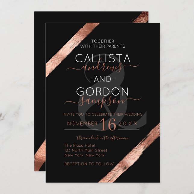 Luxury Black Rose Gold Brushstroke Frame Wedding Invitation (Front/Back)